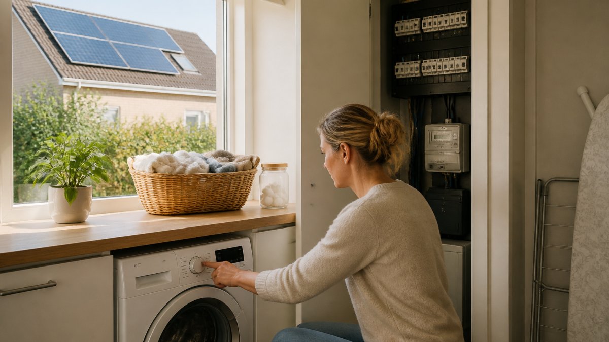 Huiseigenaar zet in de ochtendzon een wasmachine aan en kijkt op de slimme meter in de meterkast, zonnepanelen zichtbaar op het dak via het raam