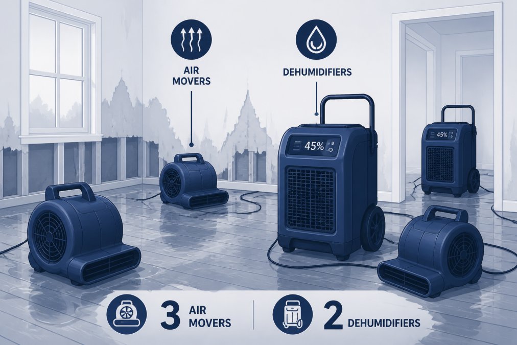 Multiple industrial air movers and dehumidifiers positioned in a water-damaged residential room with wet drywall and flooring, showing professional drying equipment setup in action