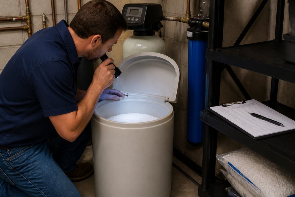 A homeowner in a utility room kneeling beside a water softener brine tank, checking the salt level with a flashlight, a paper maintenance checklist and pen resting on a nearby shelf, warm overhead lighting