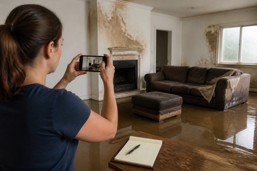 Process diagram showing how to document water damage insurance claims by photographing damaged property.