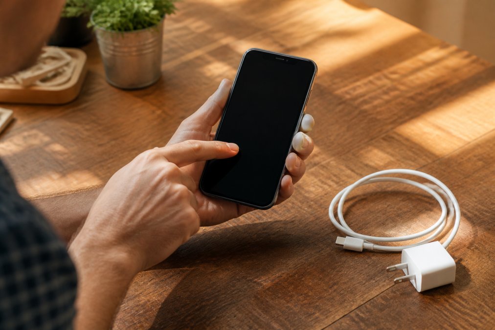 Person holding a smartphone and carefully testing the touchscreen by tapping different areas, with a charging cable nearby on a wooden desk with natural afternoon lighting