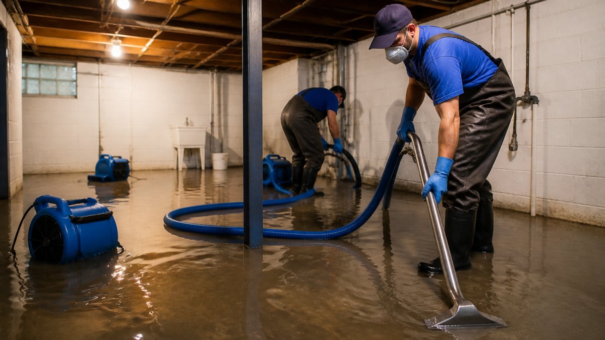 A team of restoration technicians in protective gear using water extraction equipment in a flooded basement, with hoses and air movers visible