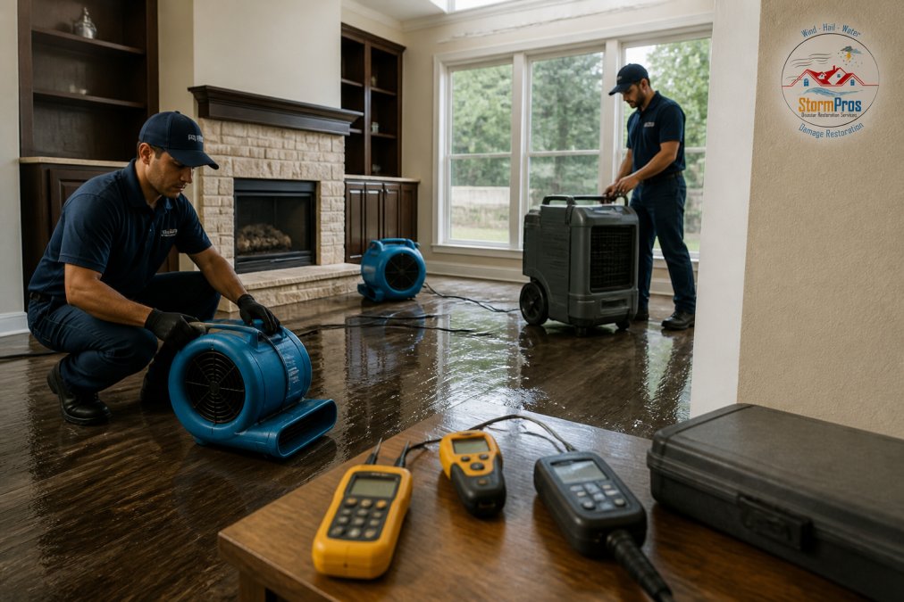 Professional restoration team using air movers and dehumidification equipment in water-damaged residential living room, with moisture mapping tools and hygrometers visible on a table nearby, natural window lighting