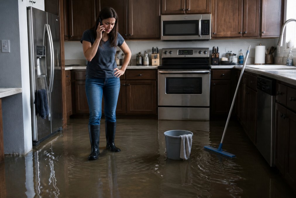 Concerned homeowner calling for water damage restoration in a flooded kitchen with a mop nearby.