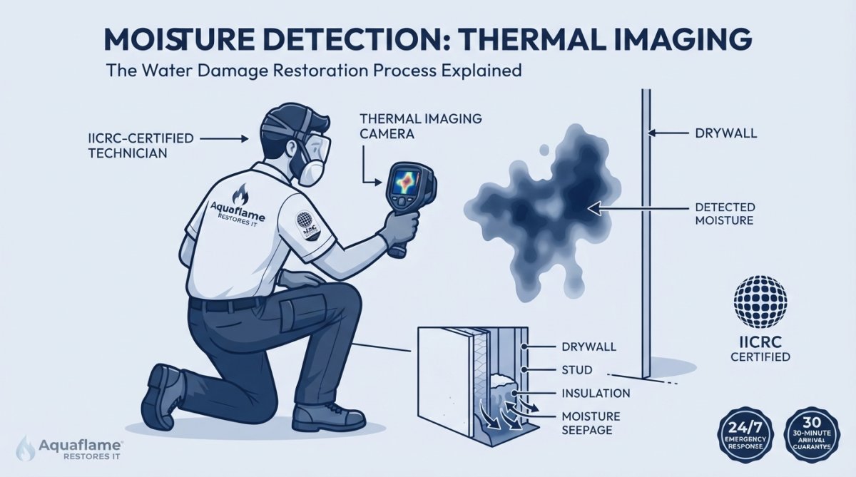 Professional illustration showing water damage restoration