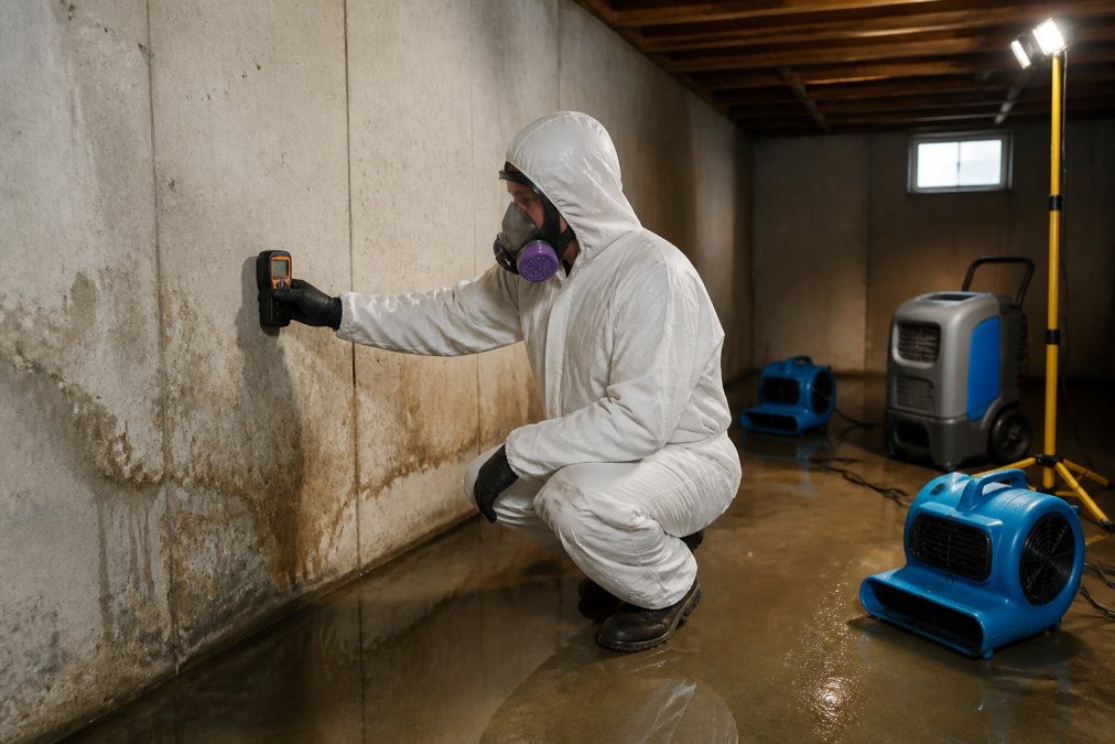 Technician in protective gear using a moisture meter during water damage restoration in a flooded basement.
