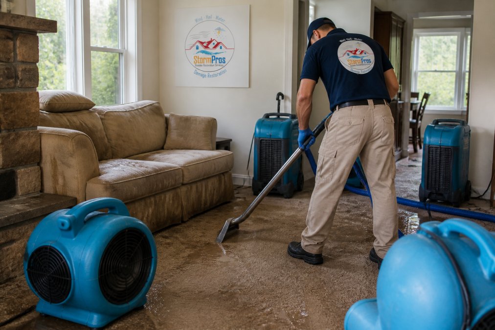 Restoration team using industrial dehumidifiers to dry a living room during the water damage restoration timeline.