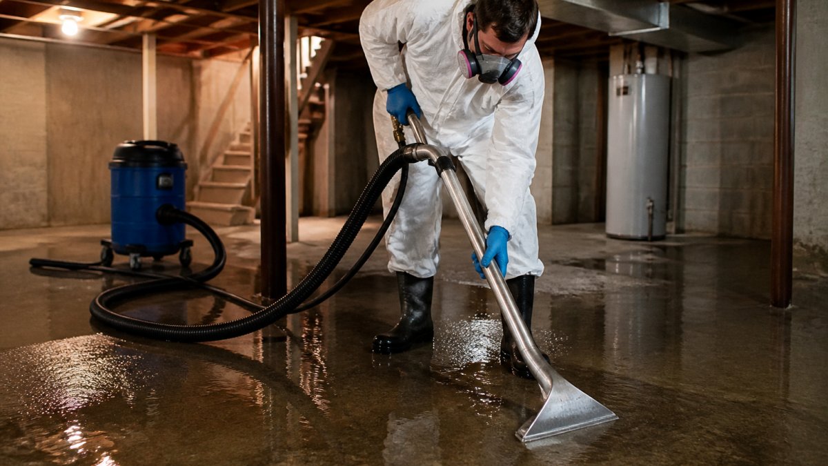 A restoration technician in protective gear using a wet/dry vacuum to extract water from a flooded basement floor, with hoses and equipment visible