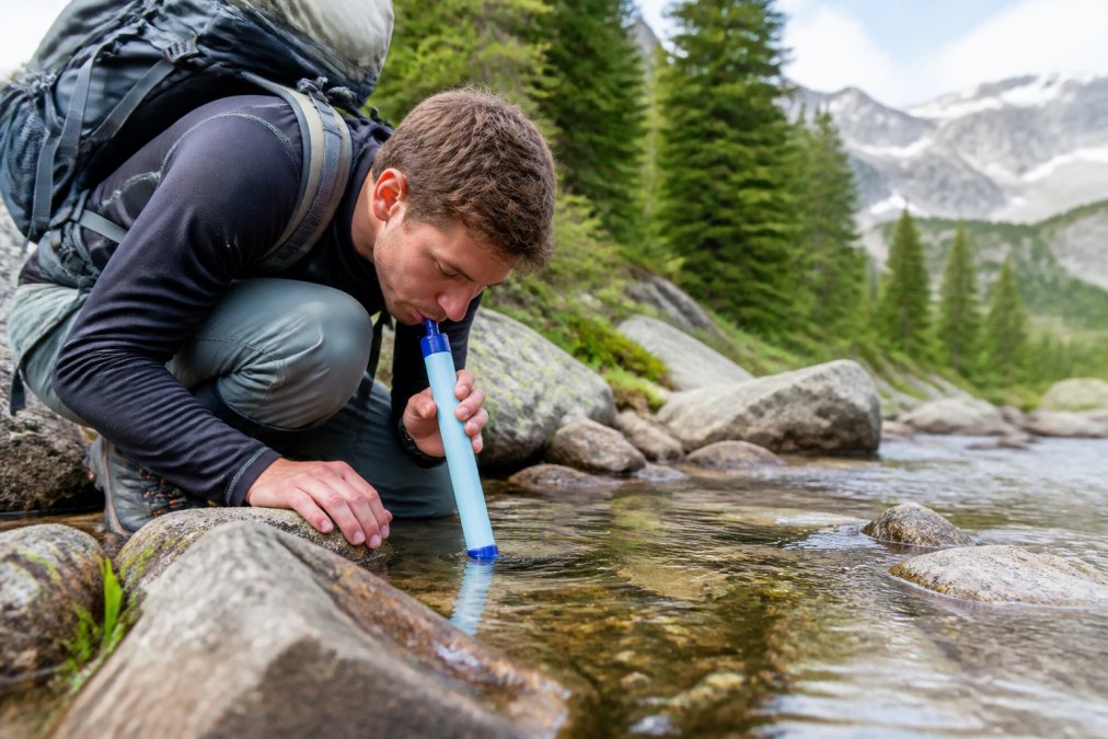 Hiker kneeling at mountain stream, holding water filter straw to lips while drinking directly from clear alpine water, with rocky terrain and evergreen trees in background