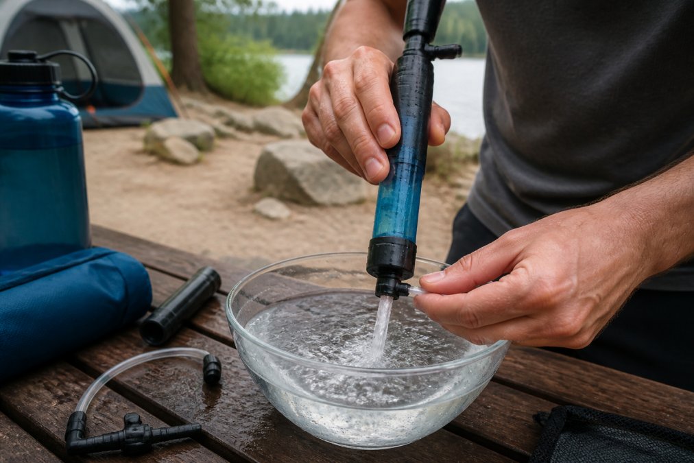 Hands demonstrating backflushing technique with water filter straw held over clear basin, water spraying backward through straw opening, outdoor campsite setting with natural daylight