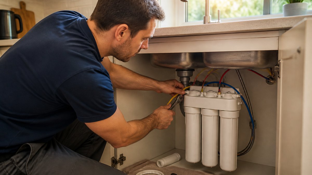 A person kneeling in front of an open kitchen cabinet, connecting colour-coded tubing to a compact under-sink water filtration system with a wrench, kitchen benchtop visible above, warm afternoon light through a window