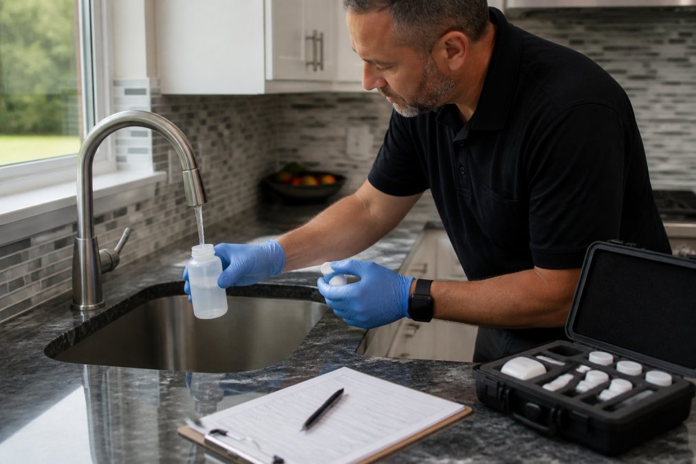 Certified water specialist collecting a sample for water filtration system consulting services from a home tap.
