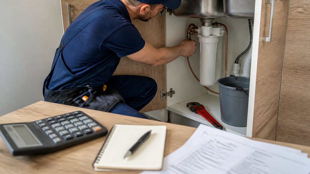 A plumber in work clothes kneeling under a kitchen sink, connecting copper supply lines to an under-sink water filter housing, with a pipe wrench and bucket on the cabinet floor beside him