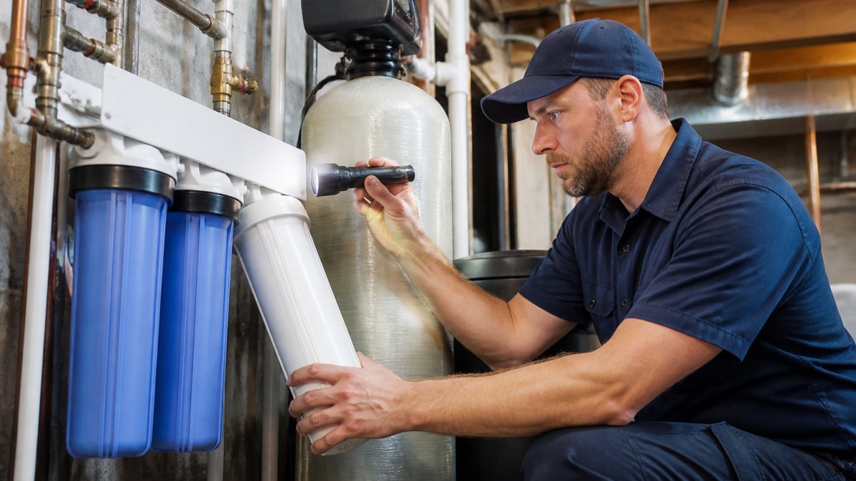 Professional technician in work uniform inspecting a whole-home water filtration system in a residential basement, checking filter cartridges and connection points with diagnostic tools
