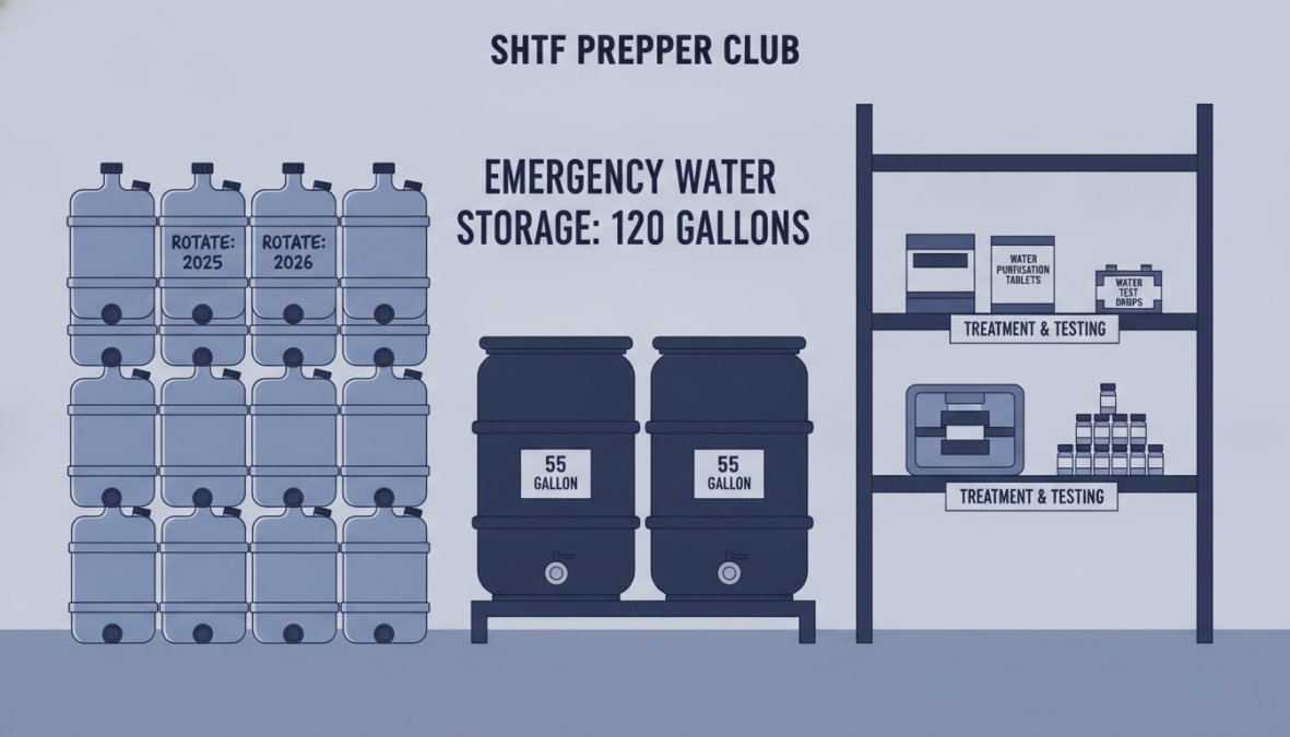 Family home basement storage area showing organized stackable 5-gallon water containers with rotation dates marked in permanent marker, two blue 55-gallon drums with spigots, and a shelf of water treatment tablets and testing supplies