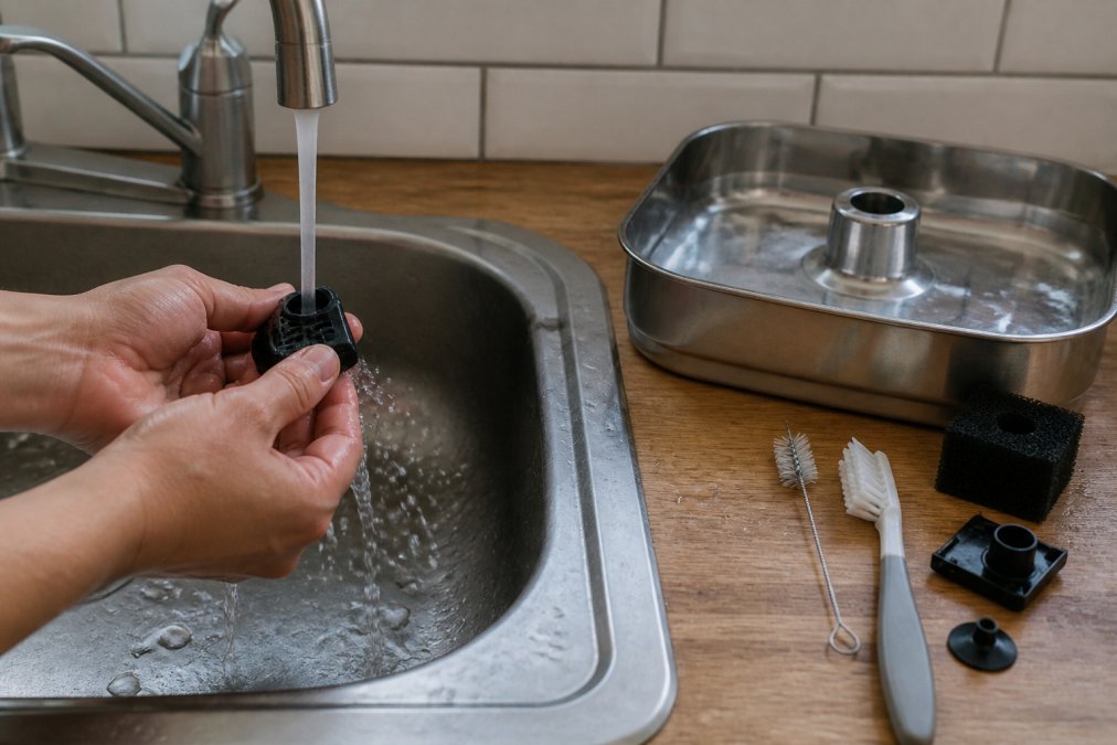 Cleaning a cat water fountain pump under a faucet before a potential pump replacement is needed.