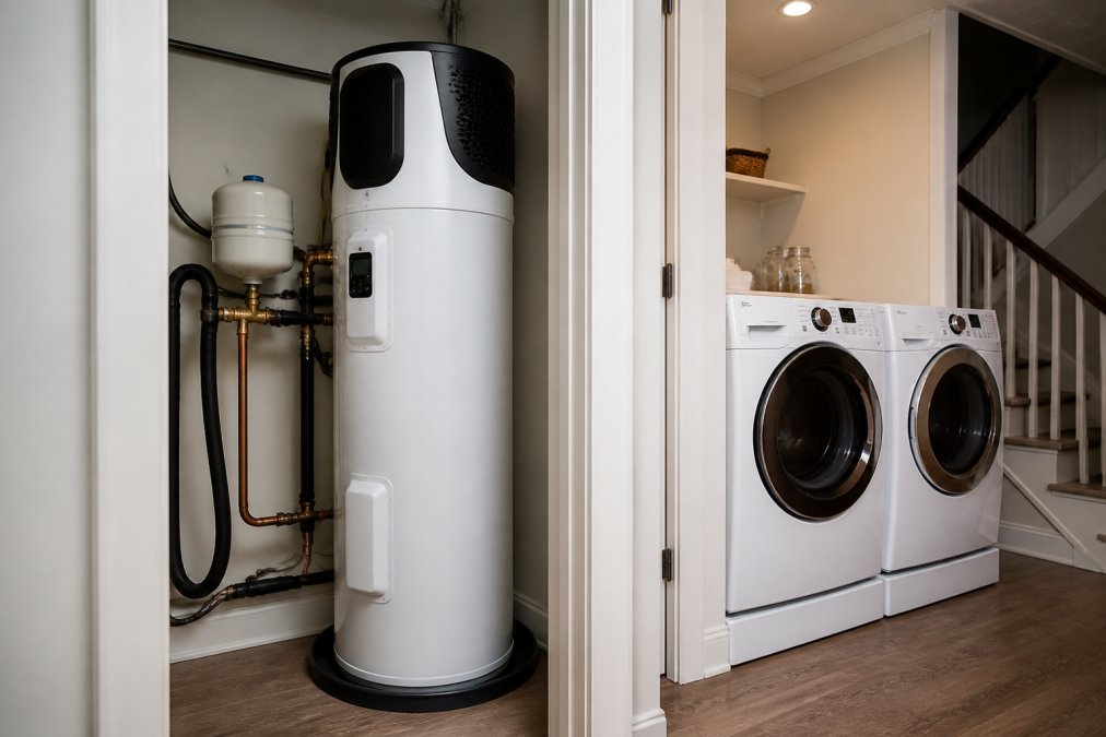 Compact white heat pump water heater mounted in a small utility closet next to laundry appliances, showing its sleek vertical design in a residential basement setting
