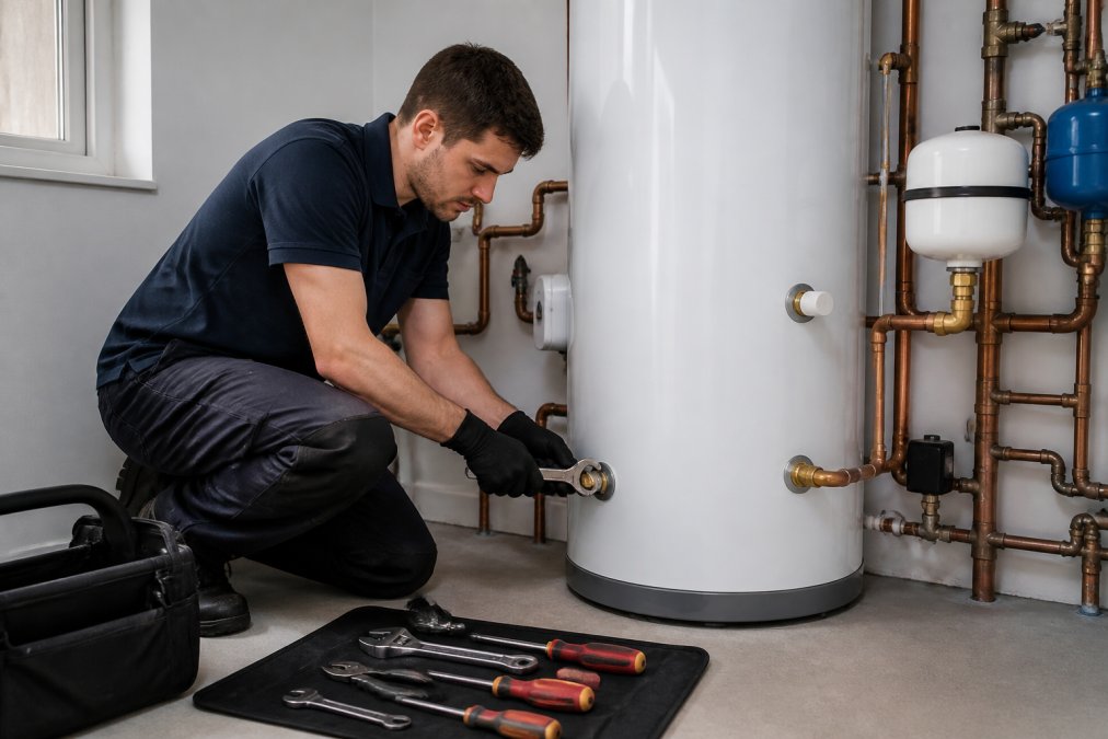 A Gas Safe registered engineer in uniform fitting a new white water heater cylinder in a clean utility room, using a wrench to tighten a pipe connection, with tools laid out on a mat