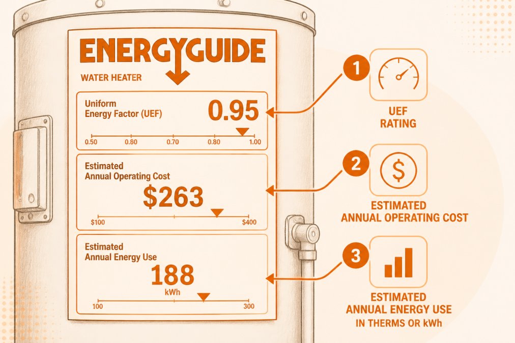 Diagram of an EnergyGuide label detailing UEF ratings, annual costs, and energy use for water heater energy efficiency