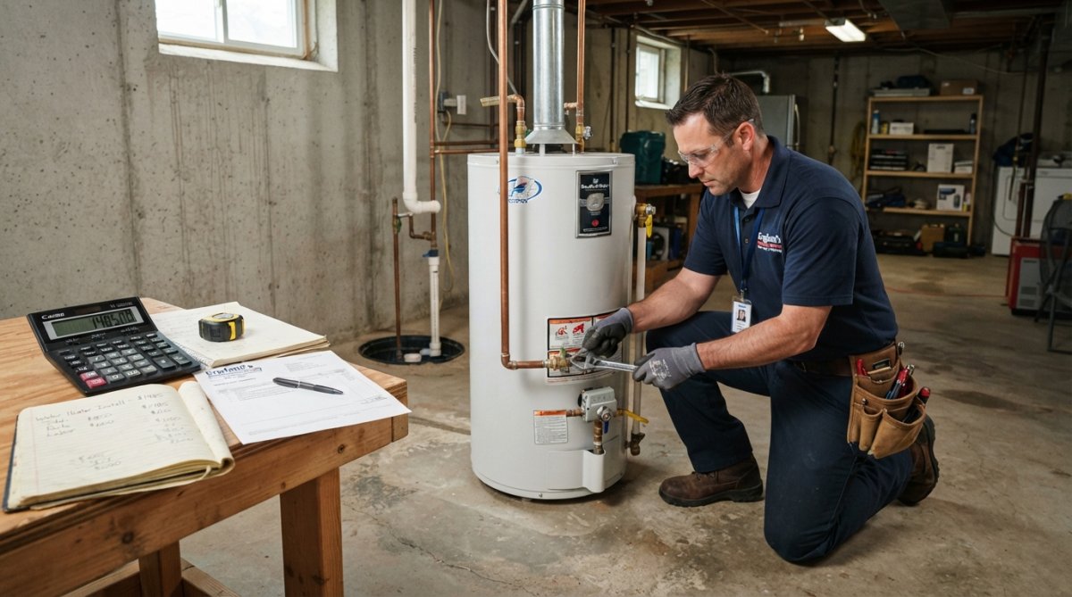Licensed plumber installing a new water heater in a residential basement, connecting gas line, venting, and pressure relief valve with precision tools