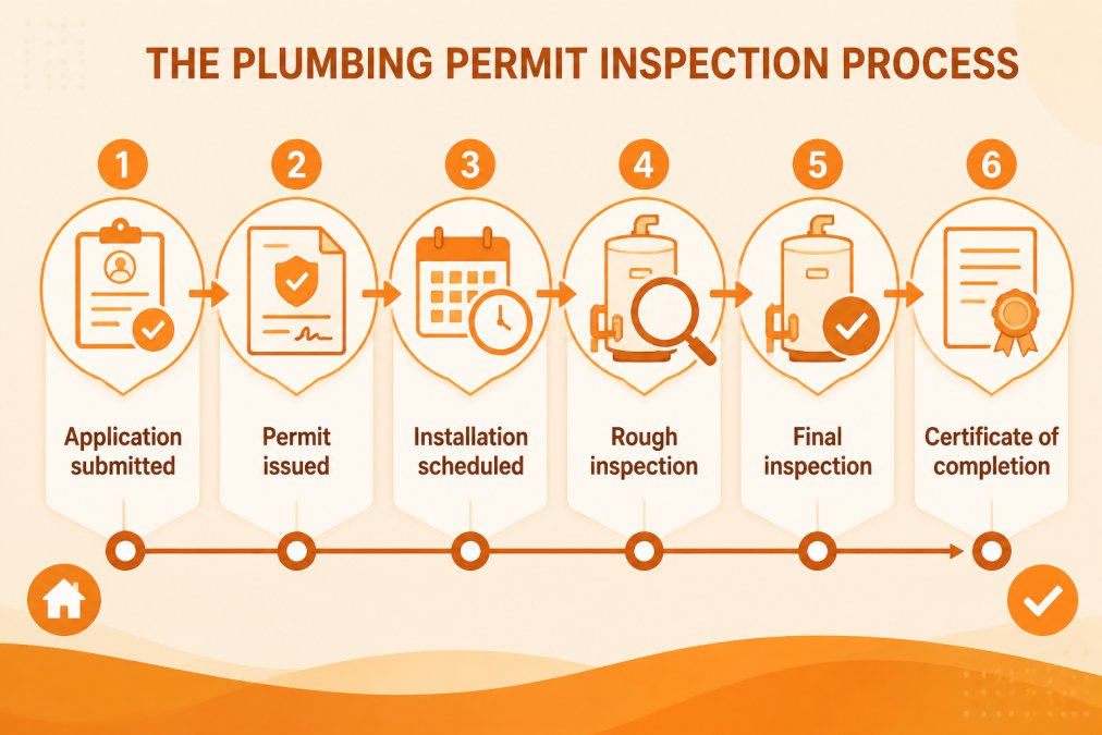 Flowchart showing six-step permit and inspection timeline: Application submitted → Permit issued → Installation scheduled → Rough inspection → Final inspection → Certificate of completion
