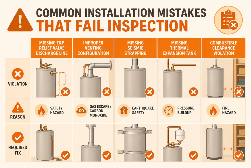 Comparison matrix showing common code violations: Missing T&P relief valve discharge line (reason: safety hazard, required fix: install discharge line to safe location), Improper venting configuration (reason: gas escape/carbon monoxide, required fix: reconfigure vent), Missing seismic strapping (reason: earthquake safety, required fix: install straps), Missing thermal expansion tank (reason: pressure buildup, required fix: add tank), Incorrect bonding/grounding (reason: electrical hazard, required fix: correct bonding)