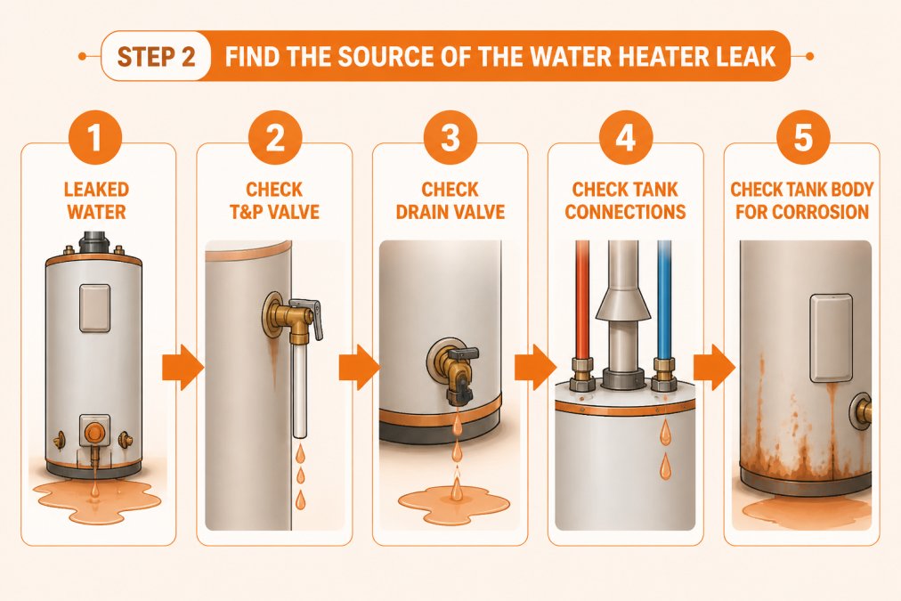 Flowchart for diagnosing a water heater leak: Start at leaked water -> Check T&P valve -> Check drain valve -> Check tank connections -> Check tank body for corrosion
