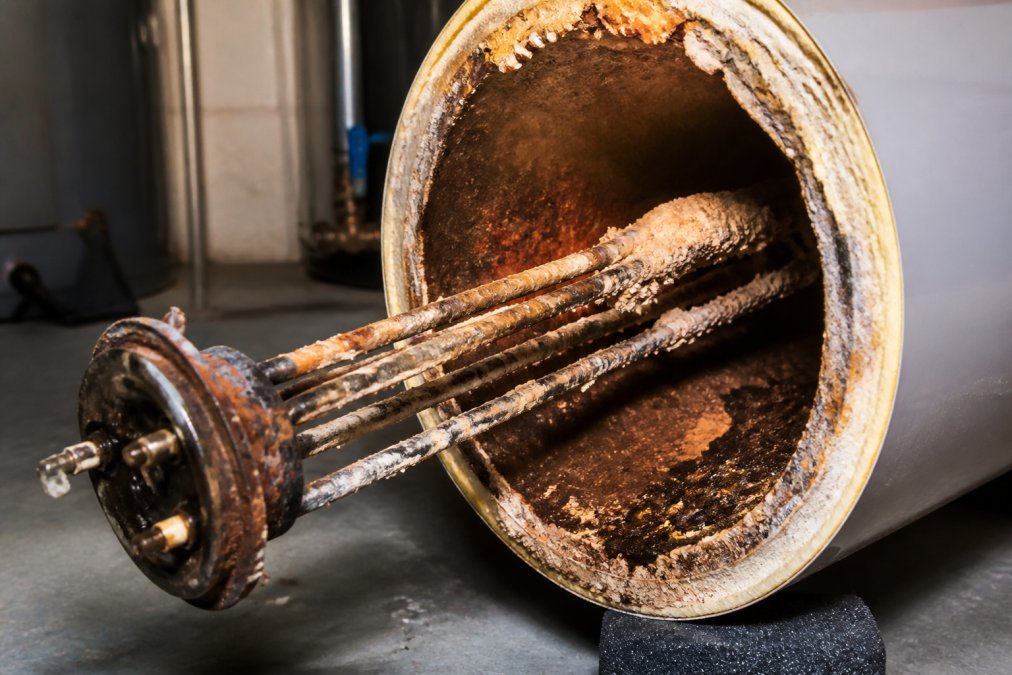 Infographic showing sediment buildup and rust corrosion affecting water heater lifespan and replacement.
