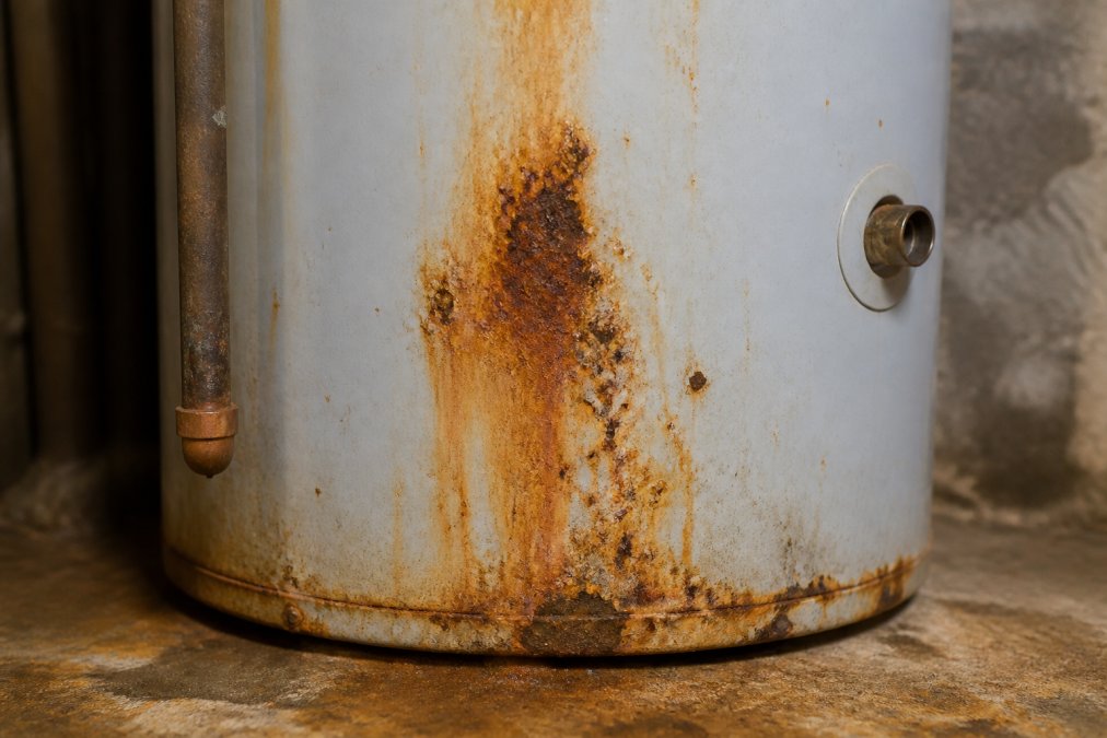 Close-up of water heater tank exterior showing rust stains, orange and brown discoloration, and corrosion patches on the metal surface under workshop lighting