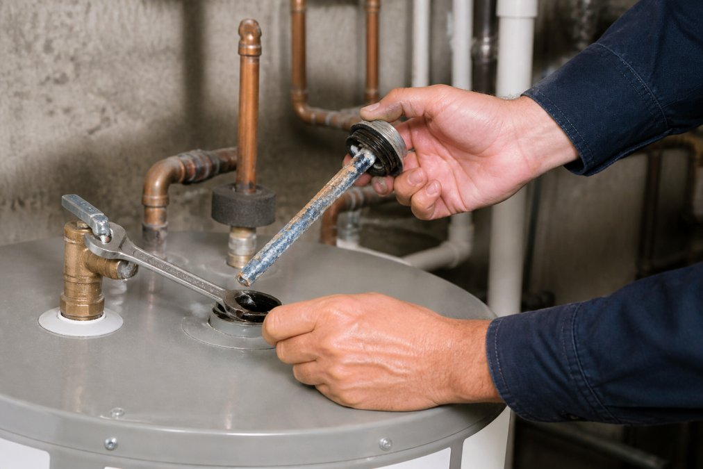 Professional plumber's hands performing water heater maintenance, checking and inspecting the anode rod and pressure relief valve with tools in a basement setting
