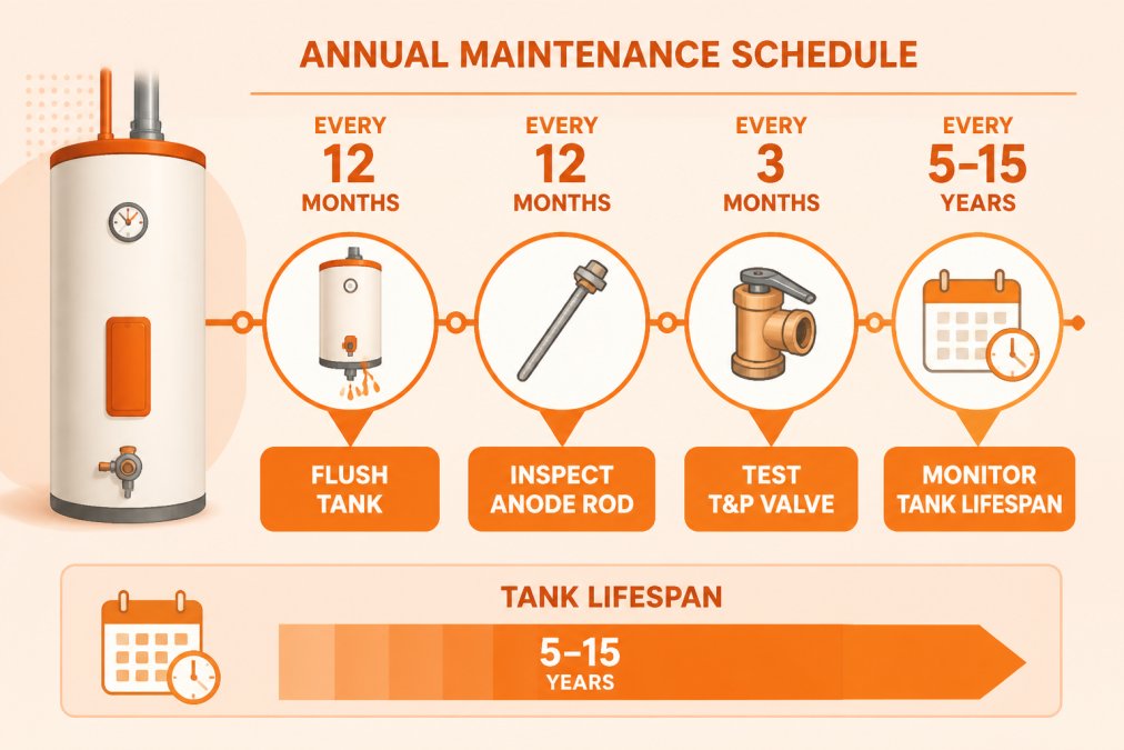 Timeline showing annual maintenance schedule: Flush tank every 12 months, inspect anode rod annually, test T&P valve quarterly, monitor tank lifespan 5-15 years based on maintenance frequency