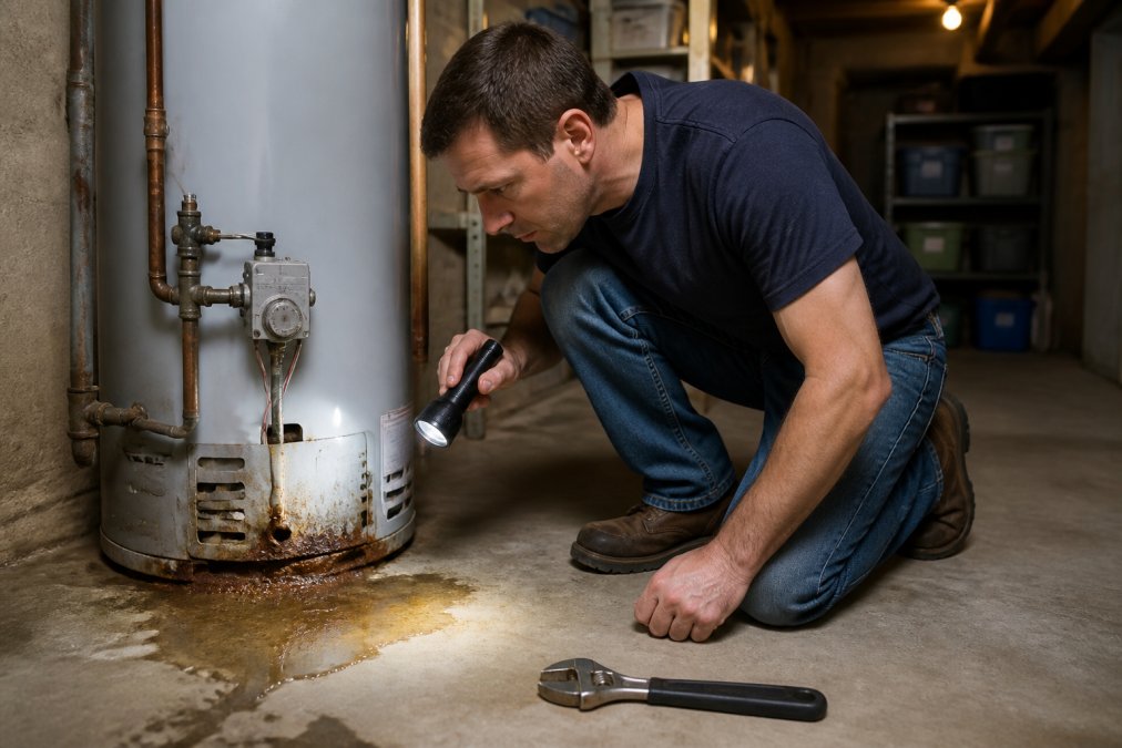 A homeowner kneeling in a basement utility room inspecting a residential water heater tank, noticing rust around the base and a small puddle on the concrete floor, flashlight in one hand and a wrench nearby, dim overhead lighting