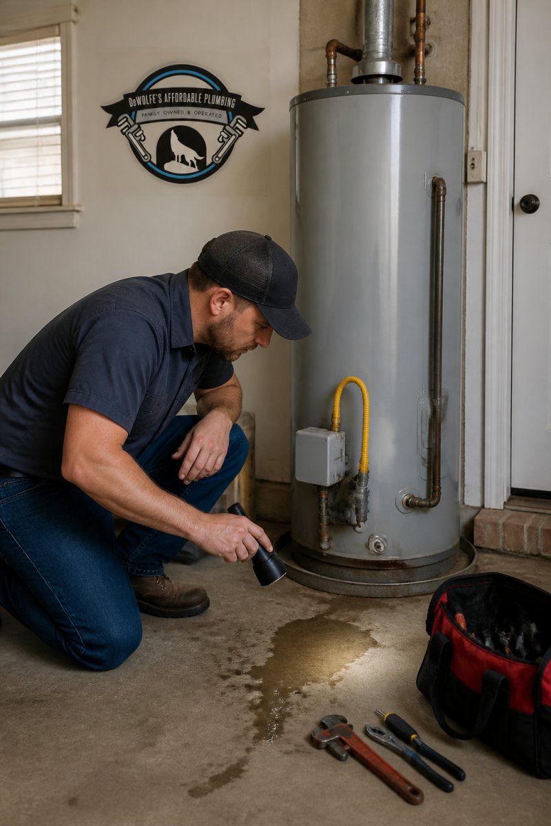 A homeowner kneeling beside a residential water heater in a garage, inspecting a puddle of water on the concrete floor with a flashlight, tools resting nearby