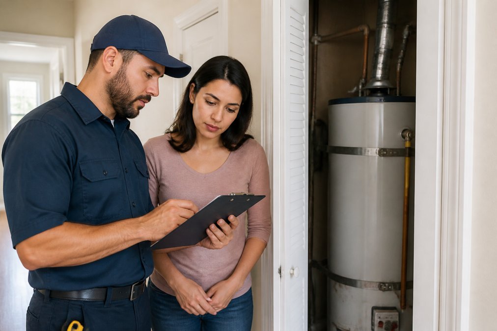 A licensed plumber in uniform reviewing a clipboard with a homeowner next to an open utility closet showing an older tank water heater, bright residential hallway lighting
