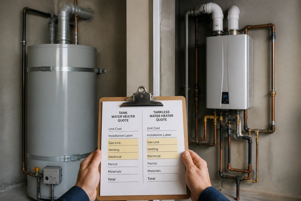 Comparison chart detailing cost factors for tank vs tankless water heater replacement and installation.
