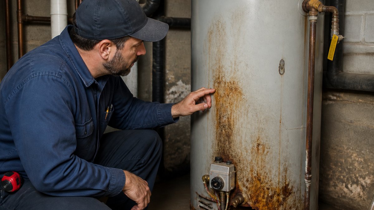 Licensed plumber inspecting a residential water heater in a basement utility room, checking for rust and corrosion buildup on the tank exterior
