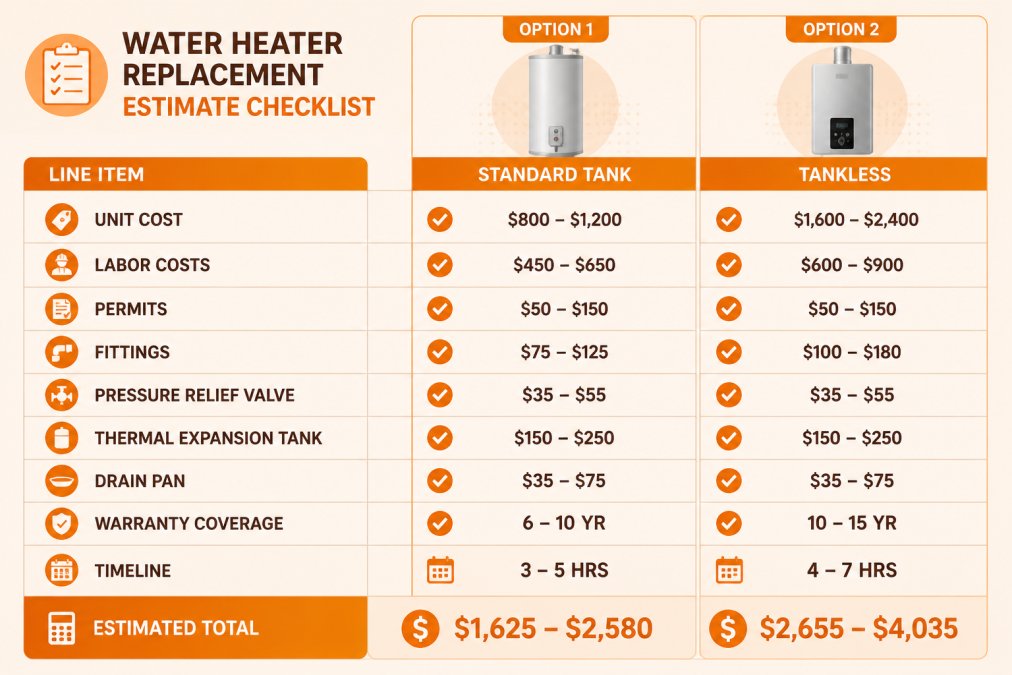Comparison matrix showing water heater replacement estimate line items: unit cost, labor costs, permits, fittings, pressure relief valve, thermal expansion tank, drain pan, warranty coverage, and timeline