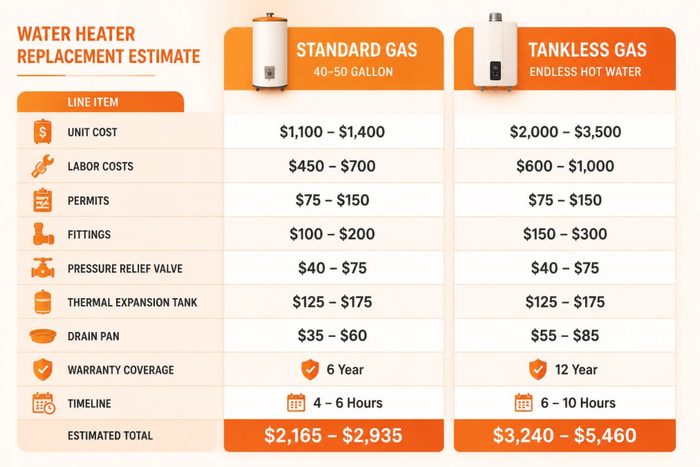 Visual comparison chart showing water heater replacement