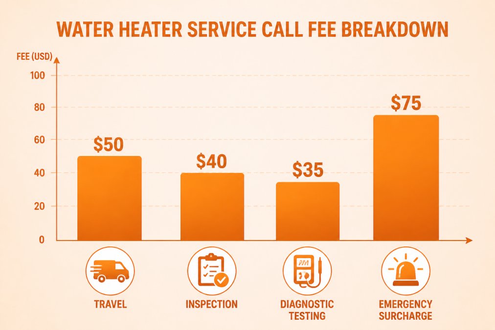 Bar chart showing service call fee components: travel $50, inspection $40, diagnostic testing $35, emergency surcharge $75