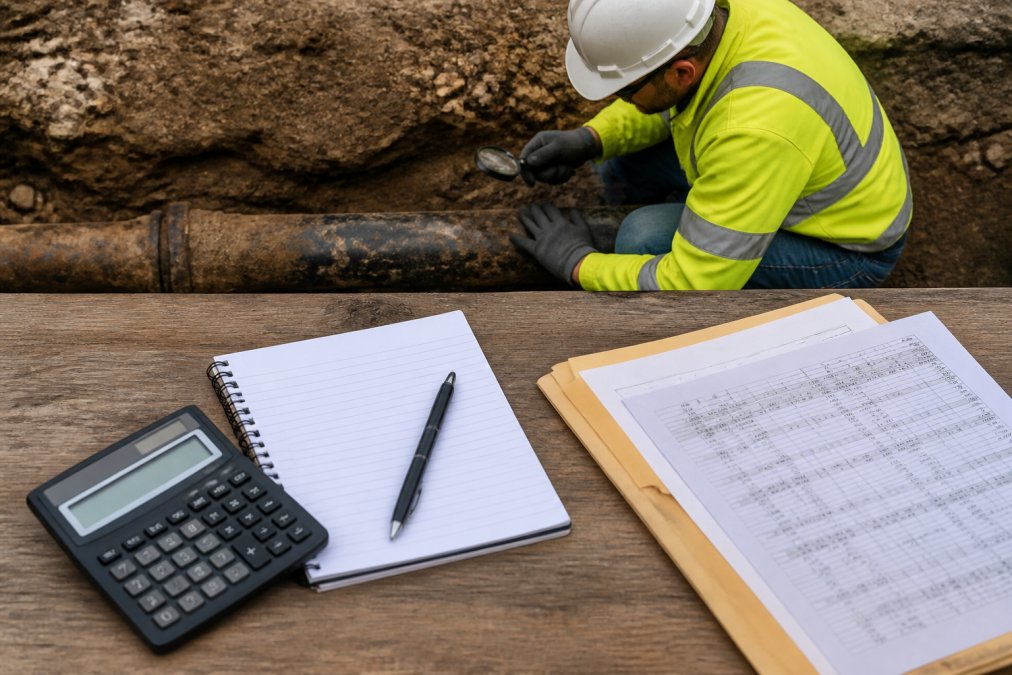 Professional plumber in safety gear inspecting exposed water main pipe during excavation, examining soil conditions and corrosion damage in daylight