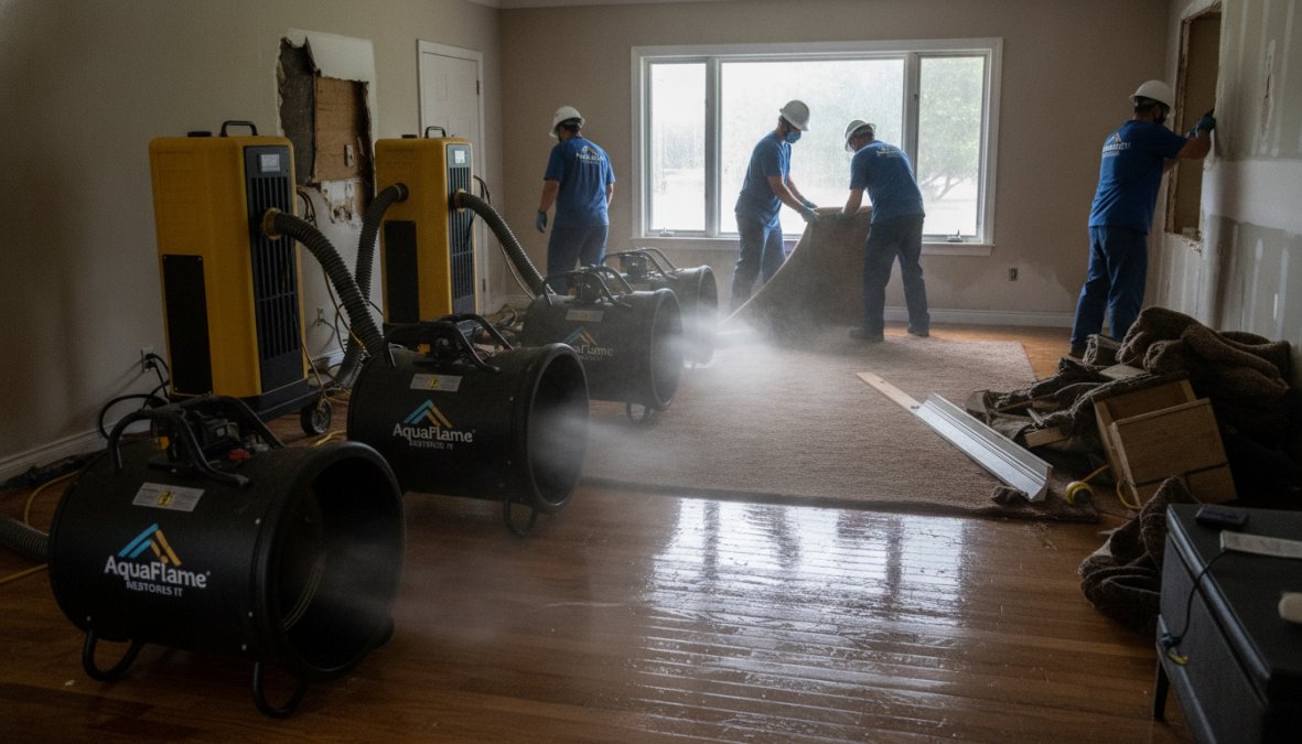 Professional water mitigation technicians using air movers and dehumidifiers in a water-damaged residential space with wet carpeting and visible structural damage