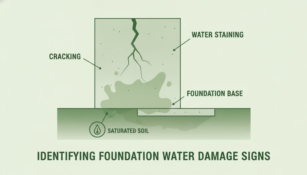 Close-up of basement wall showing visible water staining, efflorescence deposits, and hairline cracks near the foundation base
