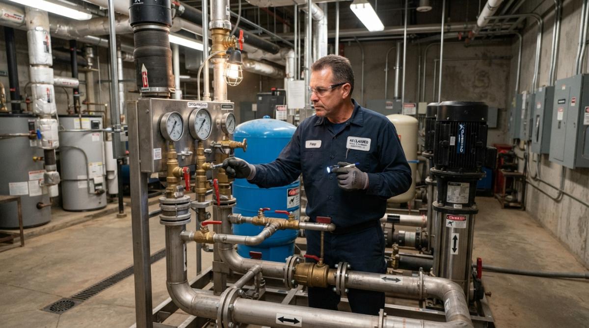 Professional technician inspecting water pressure gauges and control valves on a commercial booster pump system in a mechanical room with stainless steel pipes and industrial equipment