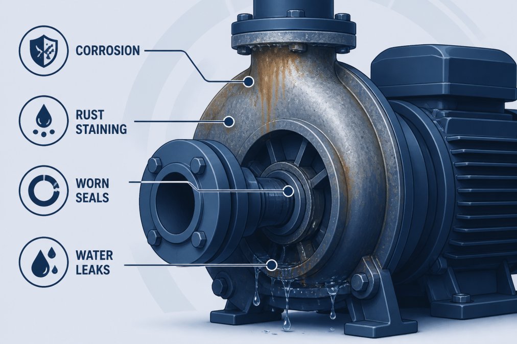 Close-up of water pump casing showing visible corrosion, rust staining, and worn seals with water droplets forming at connection points