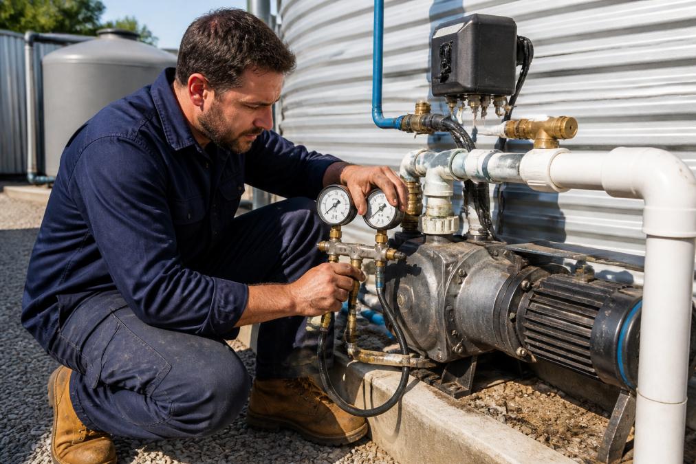 Technician performing on-site pump diagnostics with pressure testing equipment and gauges, checking system connections at an outdoor pump installation in afternoon sunlight