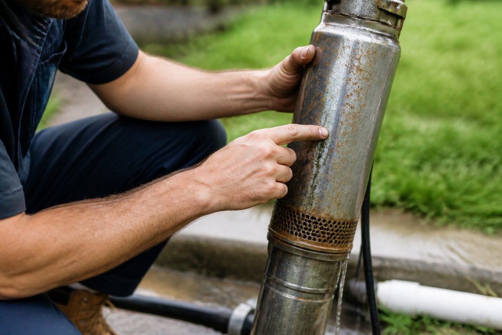 Technician's hands closely examining a submersible pump housing for visible corrosion, rust patches, and hairline cracks, with natural outdoor lighting revealing surface discoloration and wear patterns