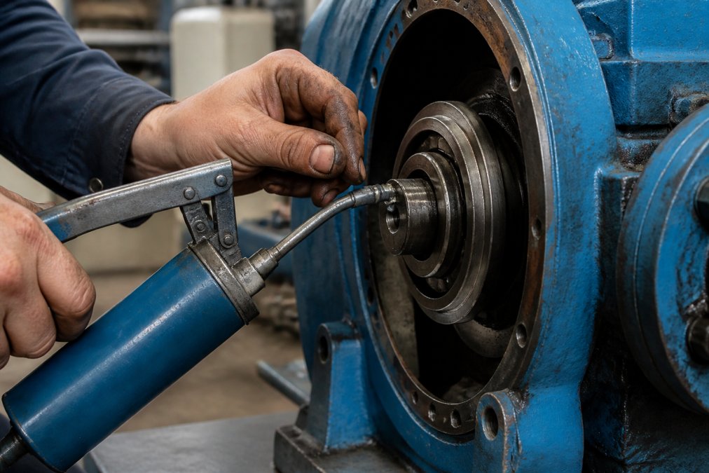 Close-up of technician's hands applying lubricant to a pump bearing fitting with a grease gun, showing the mechanical seal area and wear ring in clear detail with workshop lighting