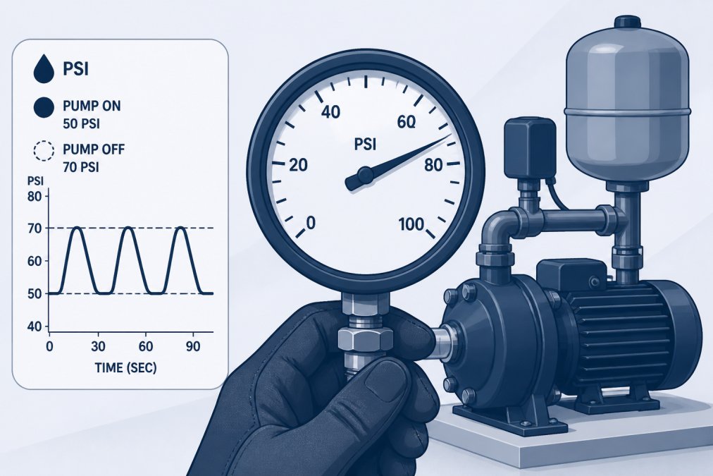Technician's hand holding a pressure gauge mounted on a pump system, gauge dial clearly showing PSI readings with water pump components visible in background