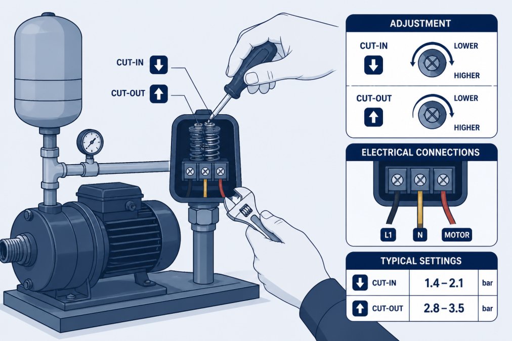 Technician using tools to adjust a pressure switch mounted on a pump system, showing electrical connections and adjustment screws clearly visible