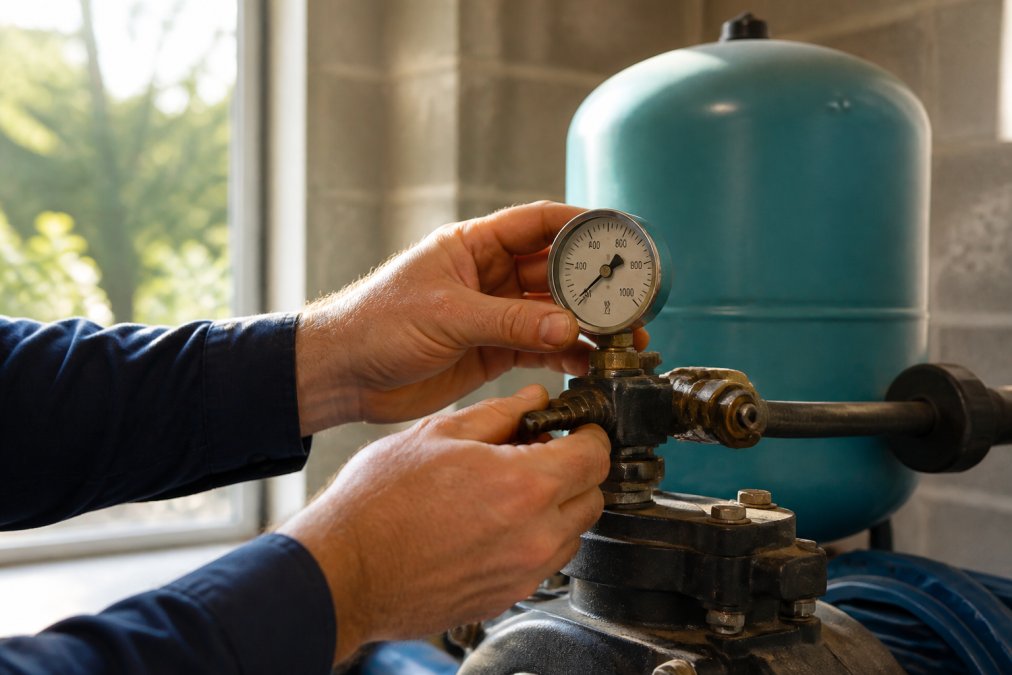 Qualified technician's hands checking a pressure gauge on a water pump system with a pressure tank visible in the background, morning natural light illuminating the gauge face